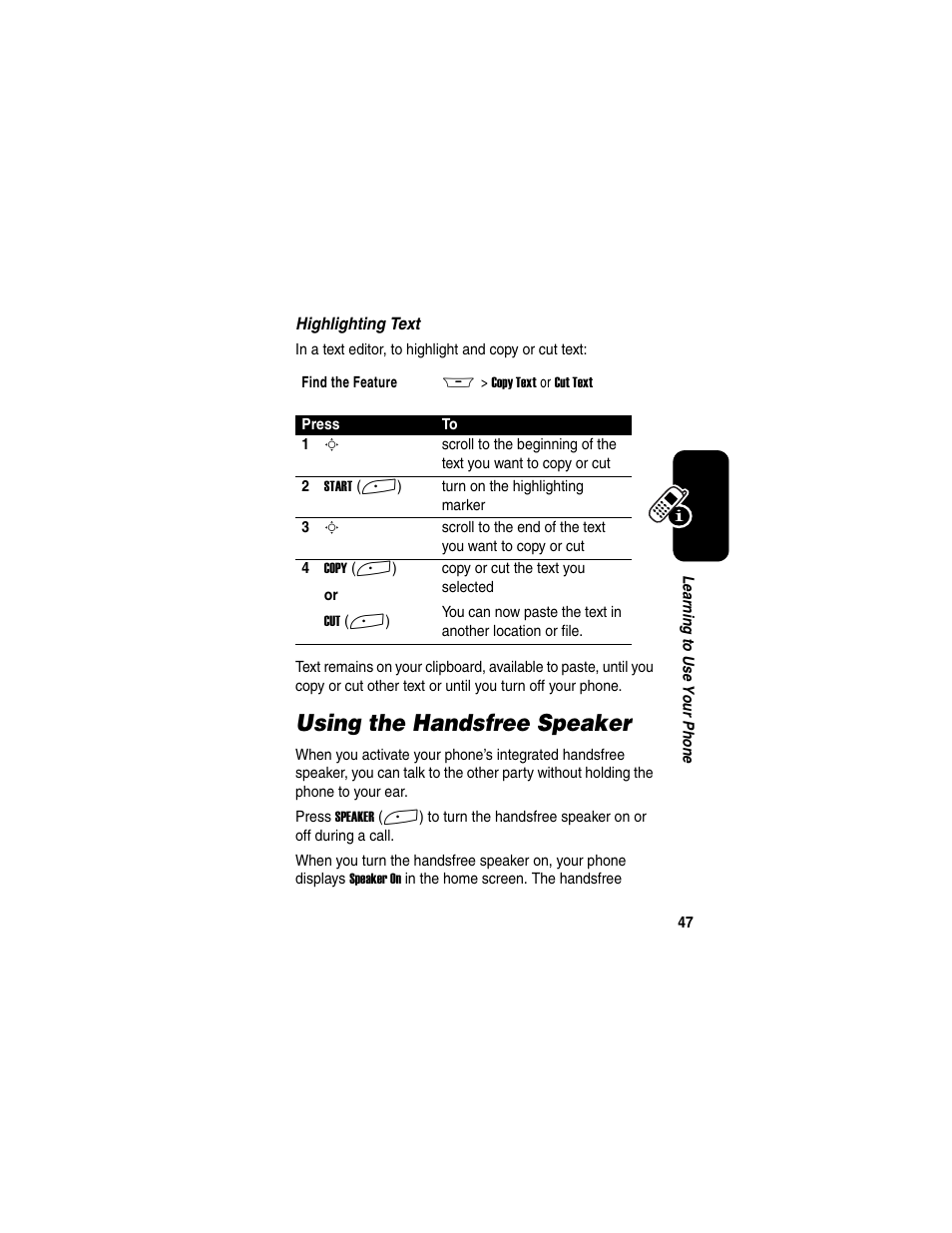 Using the handsfree speaker | Motorola A845 User Manual | Page 49 / 234