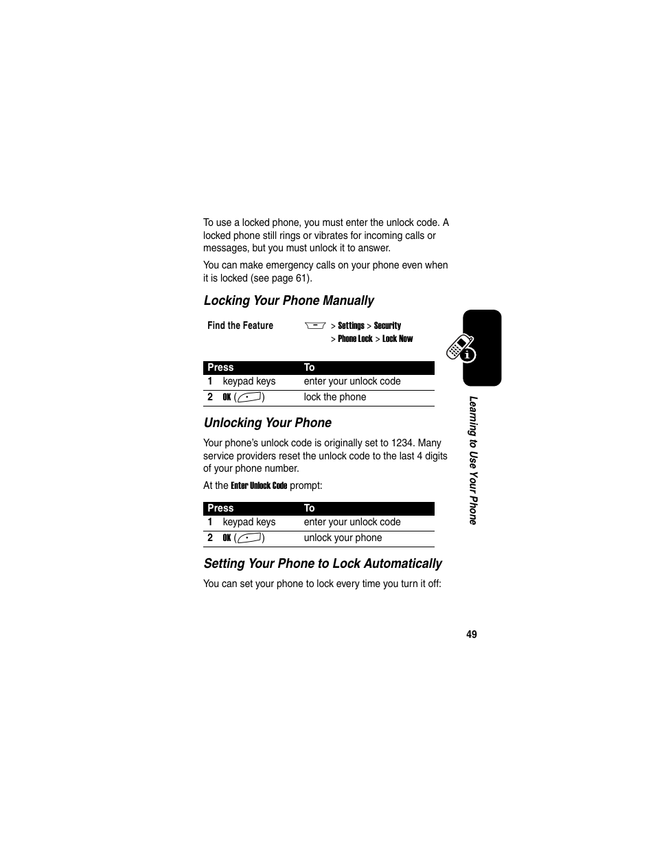 Locking your phone manually unlocking your phone, Setting your phone to lock automatically | Motorola A845 User Manual | Page 51 / 234