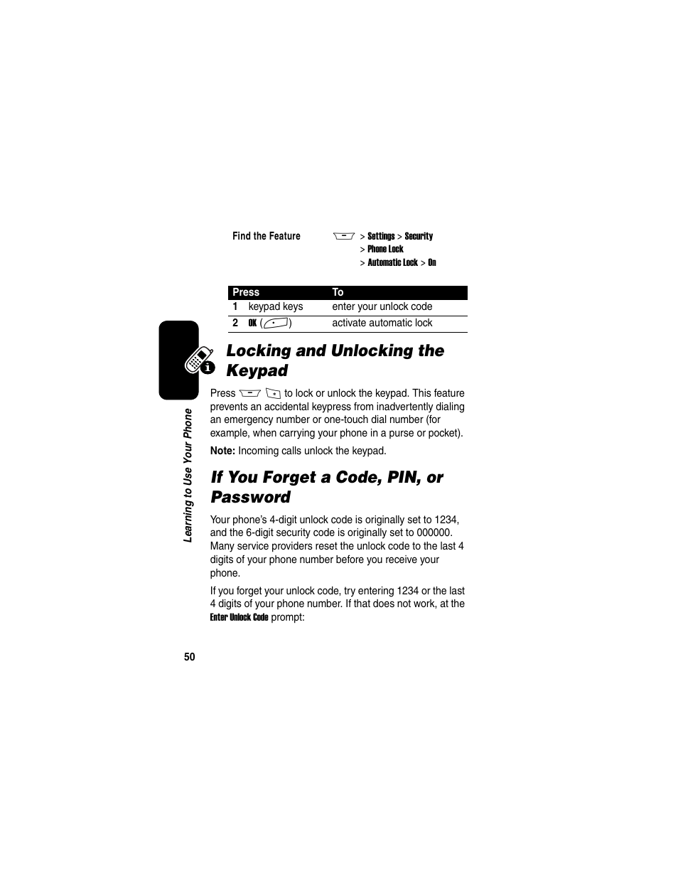 Locking and unlocking the keypad, If you forget a code, pin, or password | Motorola A845 User Manual | Page 52 / 234