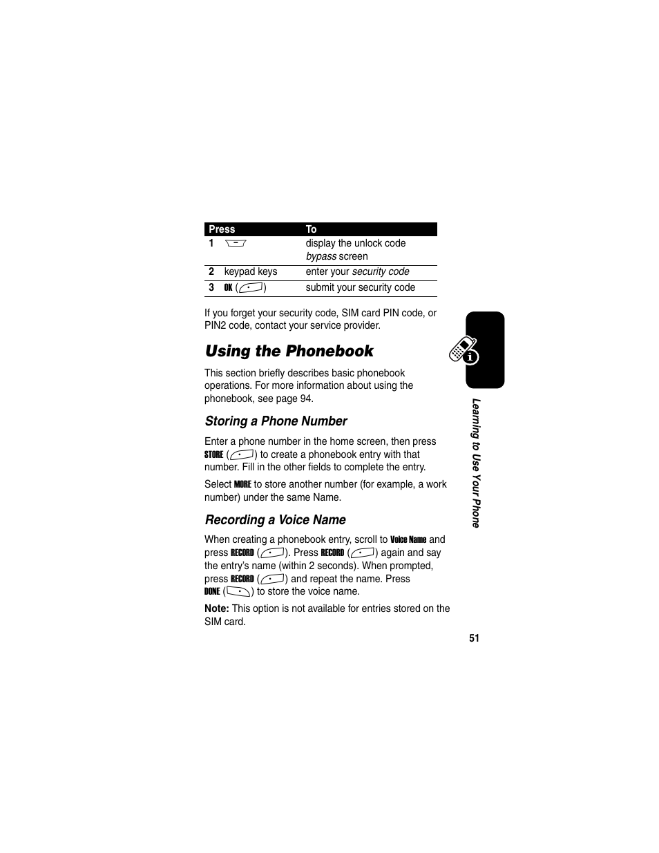 Using the phonebook, Storing a phone number, Recording a voice name | Motorola A845 User Manual | Page 53 / 234