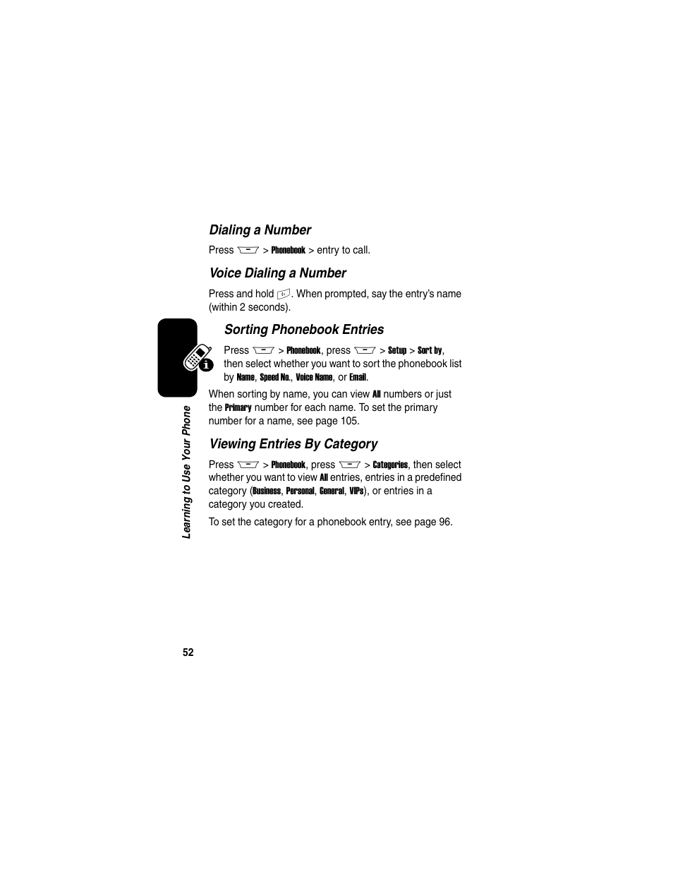 Dialing a number, Voice dialing a number, Sorting phonebook entries | Viewing entries by category | Motorola A845 User Manual | Page 54 / 234