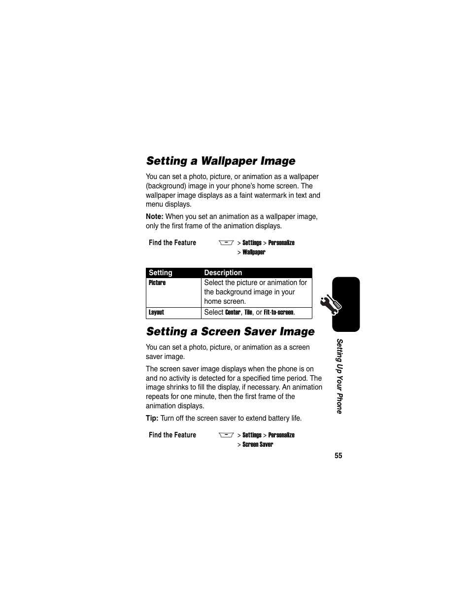 Setting a wallpaper image, Setting a screen saver image | Motorola A845 User Manual | Page 57 / 234