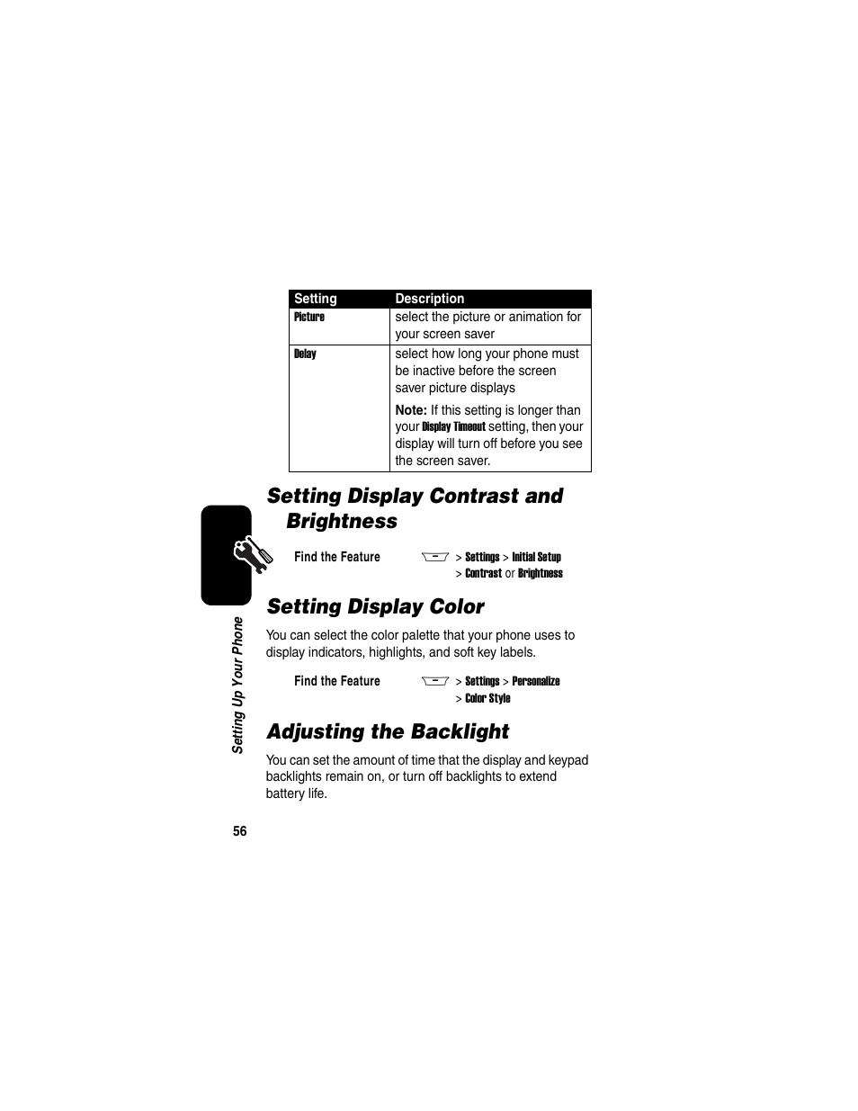 Setting display contrast and brightness, Setting display color, Adjusting the backlight | Motorola A845 User Manual | Page 58 / 234