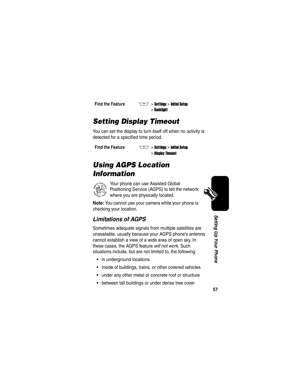 Setting display timeout, Using agps location information, Limitations of agps | Motorola A845 User Manual | Page 59 / 234