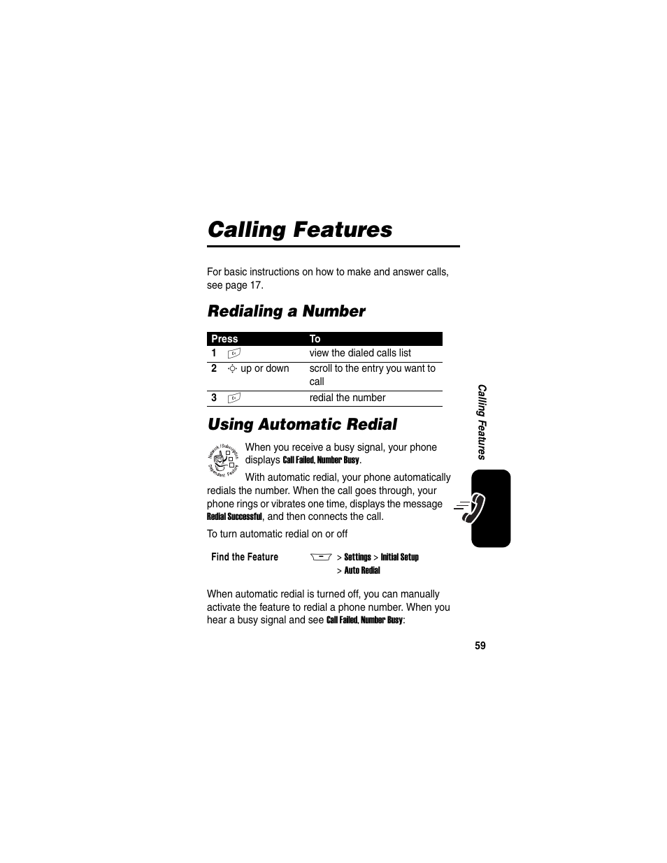 Calling features, Redialing a number, Using automatic redial | Redialing a number using automatic redial | Motorola A845 User Manual | Page 61 / 234