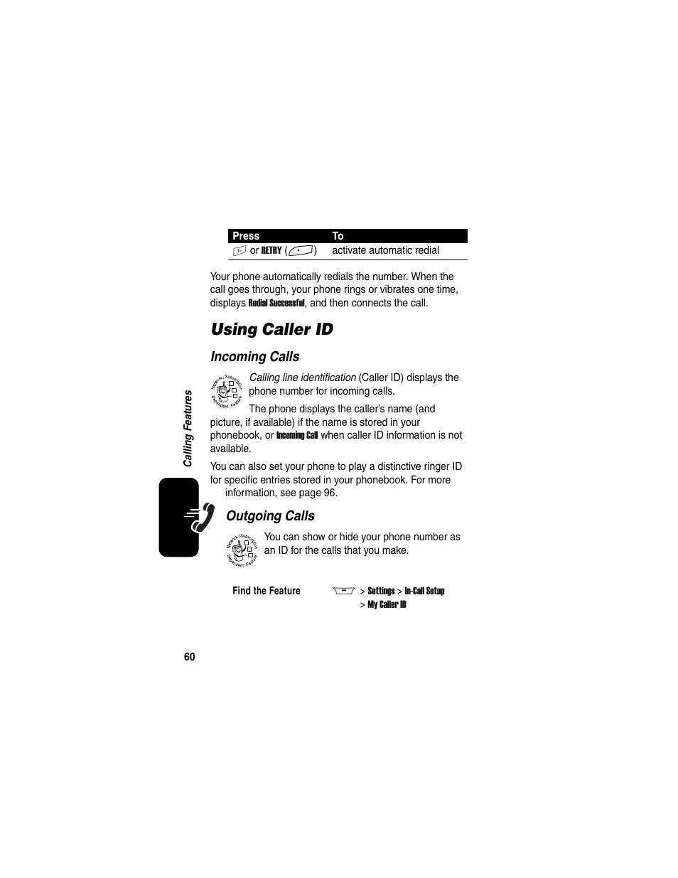 Using caller id, Incoming calls, Outgoing calls | Motorola A845 User Manual | Page 62 / 234