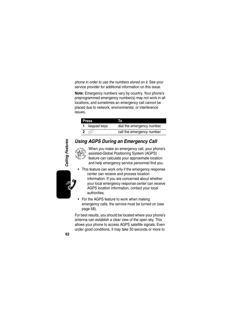 Using agps during an emergency call | Motorola A845 User Manual | Page 64 / 234