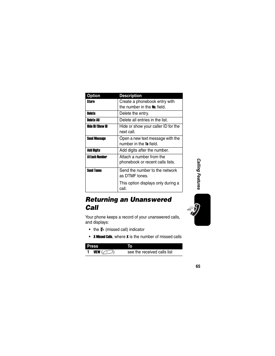 Returning an unanswered call | Motorola A845 User Manual | Page 67 / 234