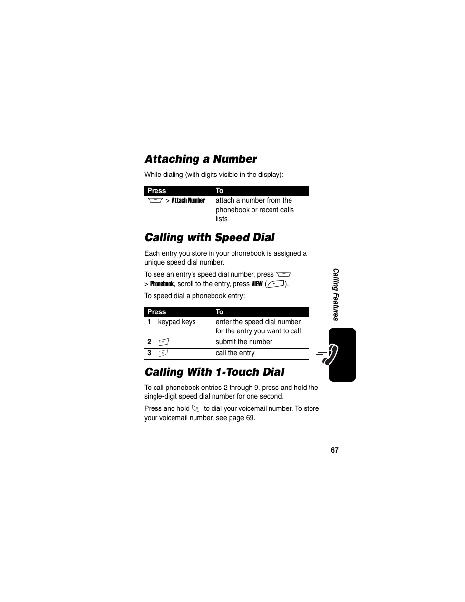 Attaching a number, Calling with speed dial, Calling with 1-touch dial | Motorola A845 User Manual | Page 69 / 234