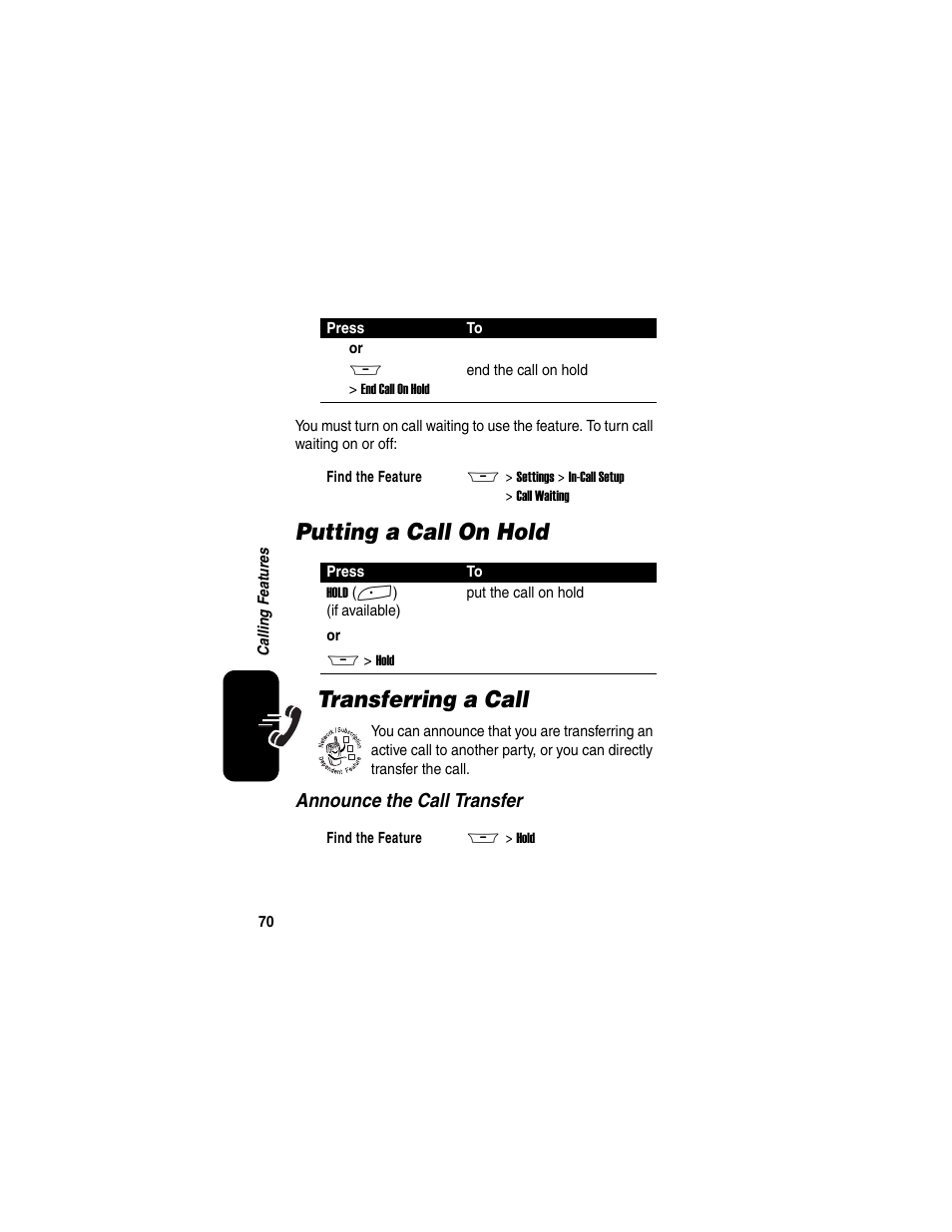 Putting a call on hold, Transferring a call, Putting a call on hold transferring a call | Announce the call transfer | Motorola A845 User Manual | Page 72 / 234