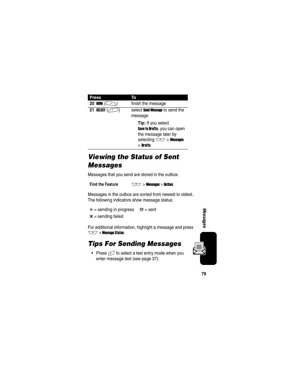 Viewing the status of sent messages, Tips for sending messages | Motorola A845 User Manual | Page 81 / 234