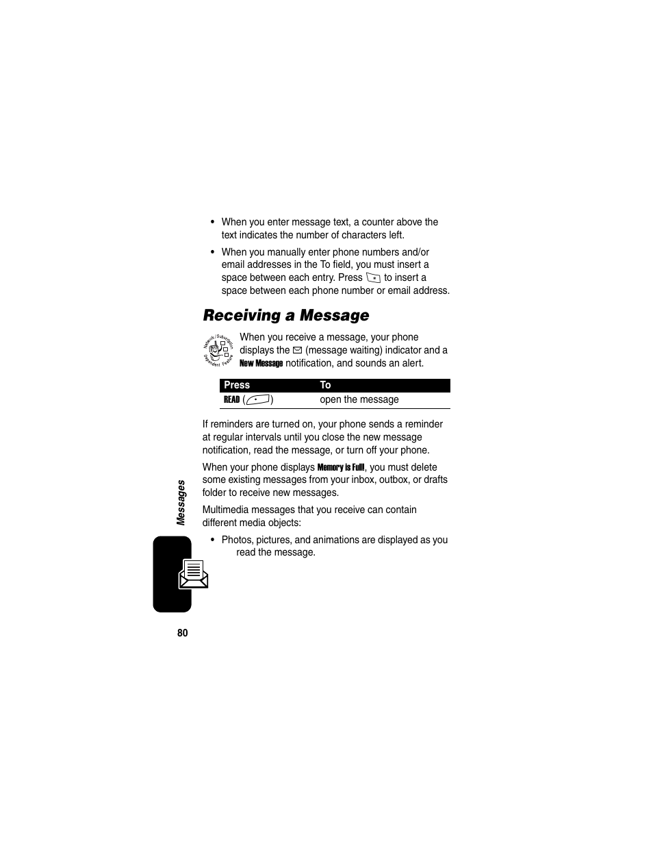 Receiving a message | Motorola A845 User Manual | Page 82 / 234