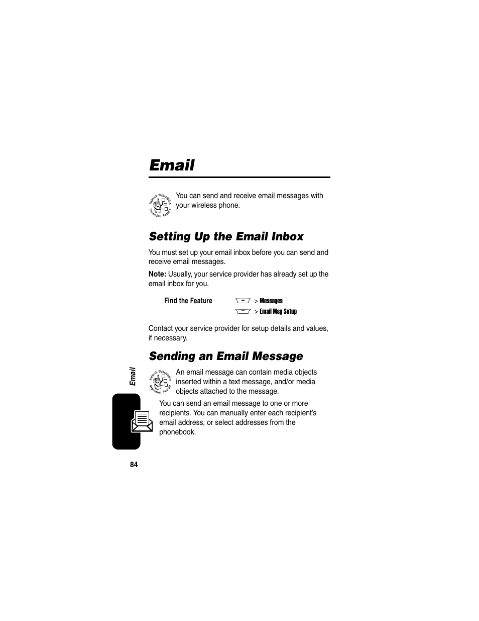 Email, Setting up the email inbox, Sending an email message | Motorola A845 User Manual | Page 86 / 234