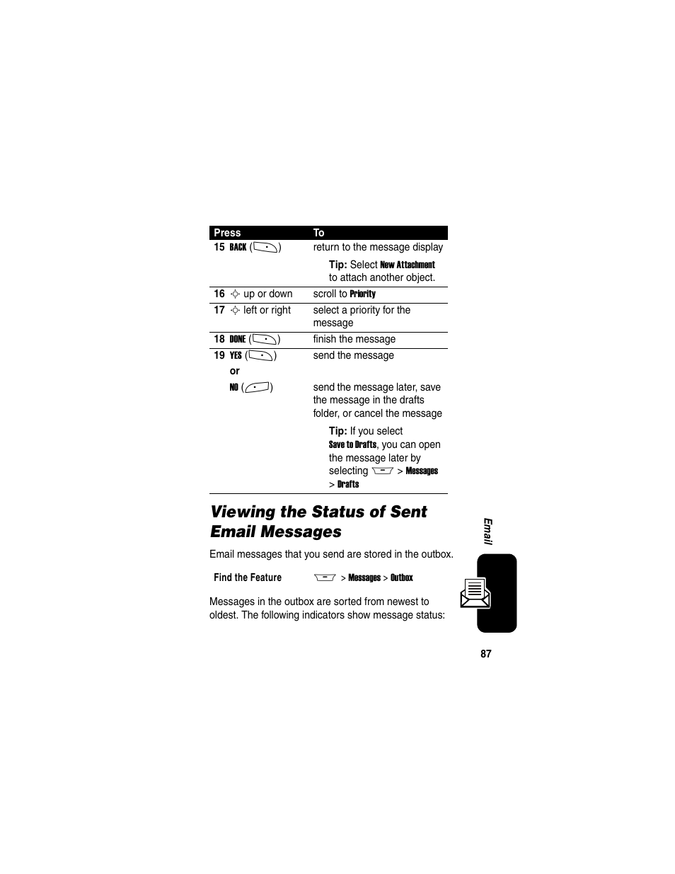 Viewing the status of sent email messages | Motorola A845 User Manual | Page 89 / 234