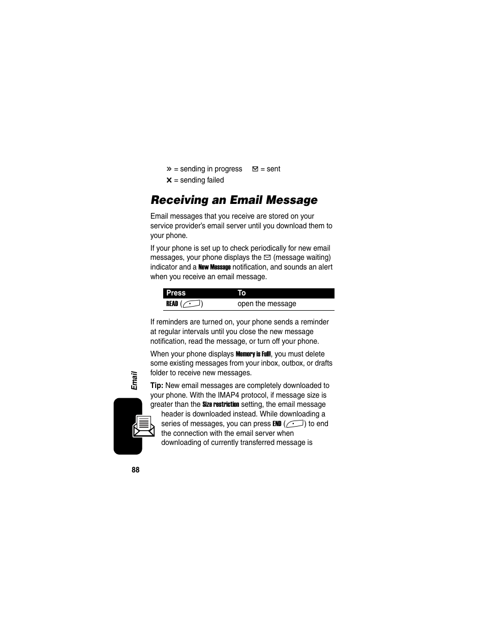 Receiving an email message | Motorola A845 User Manual | Page 90 / 234