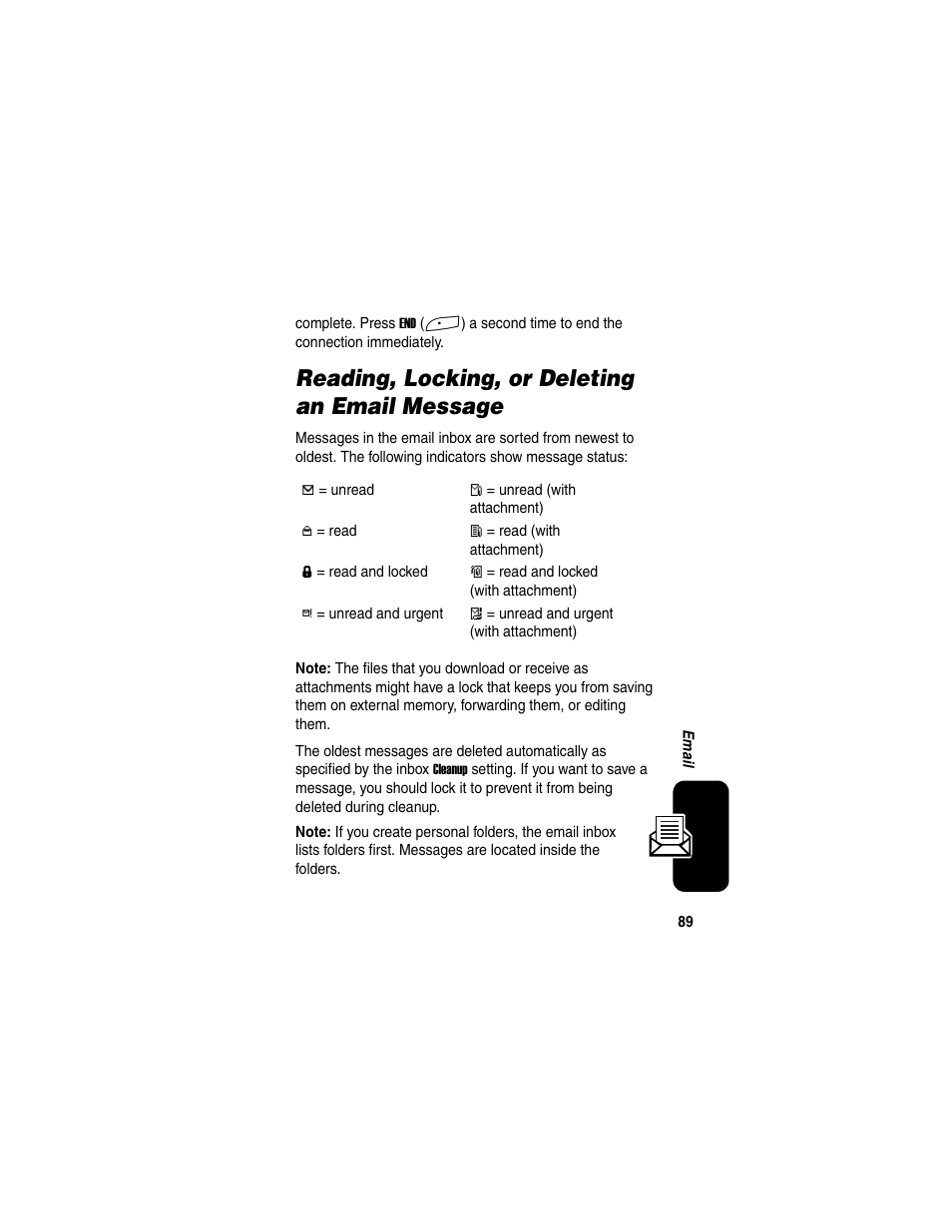 Reading, locking, or deleting an email message | Motorola A845 User Manual | Page 91 / 234