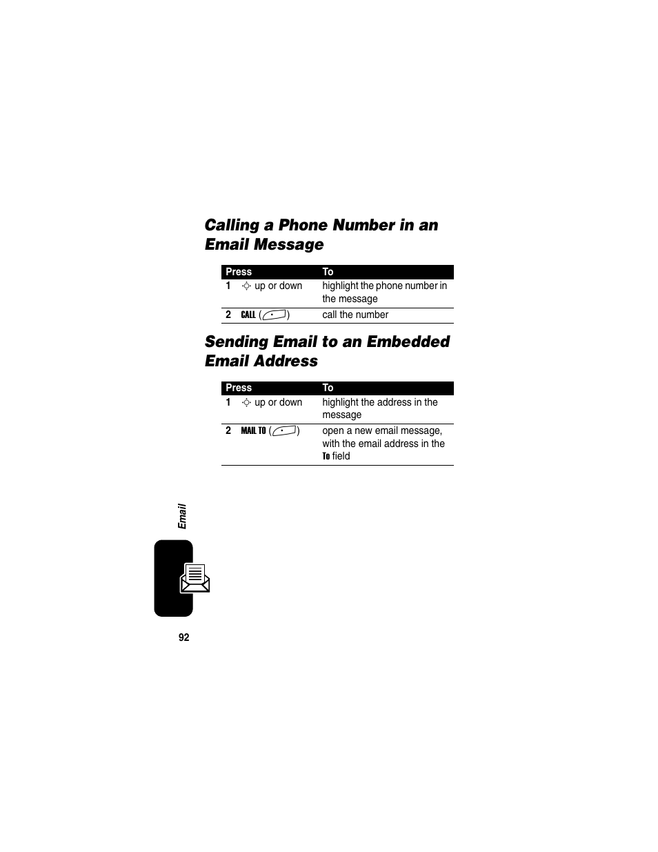 Calling a phone number in an email message, Sending email to an embedded email address | Motorola A845 User Manual | Page 94 / 234