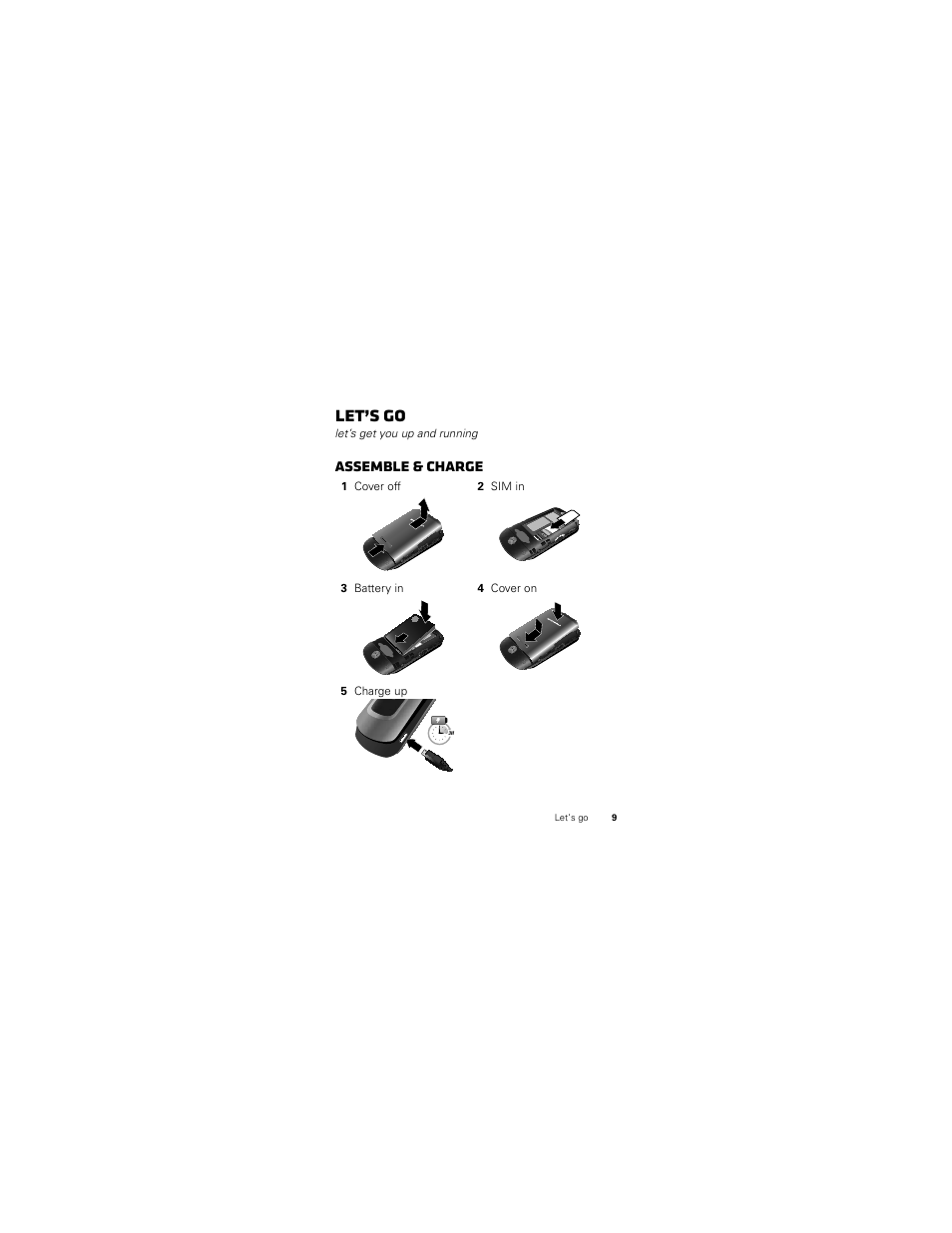 Let’s go, Assemble & charge | Motorola I412 User Manual | Page 11 / 64