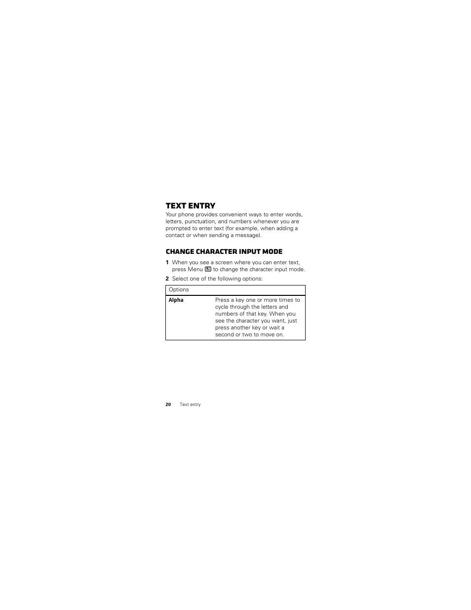 Text entry, Change character input mode | Motorola I412 User Manual | Page 22 / 64