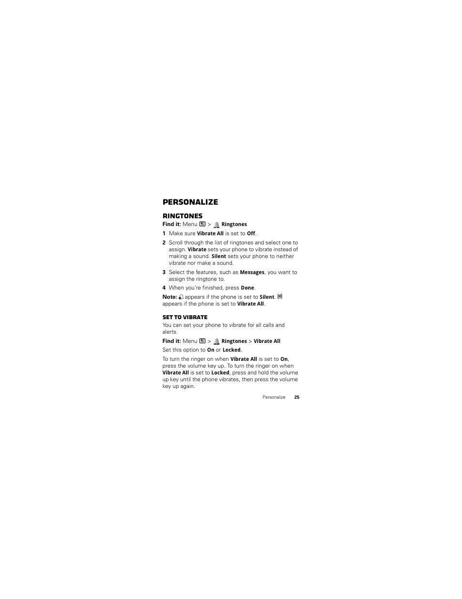 Personalize, Ringtones, Set to vibrate | Motorola I412 User Manual | Page 27 / 64