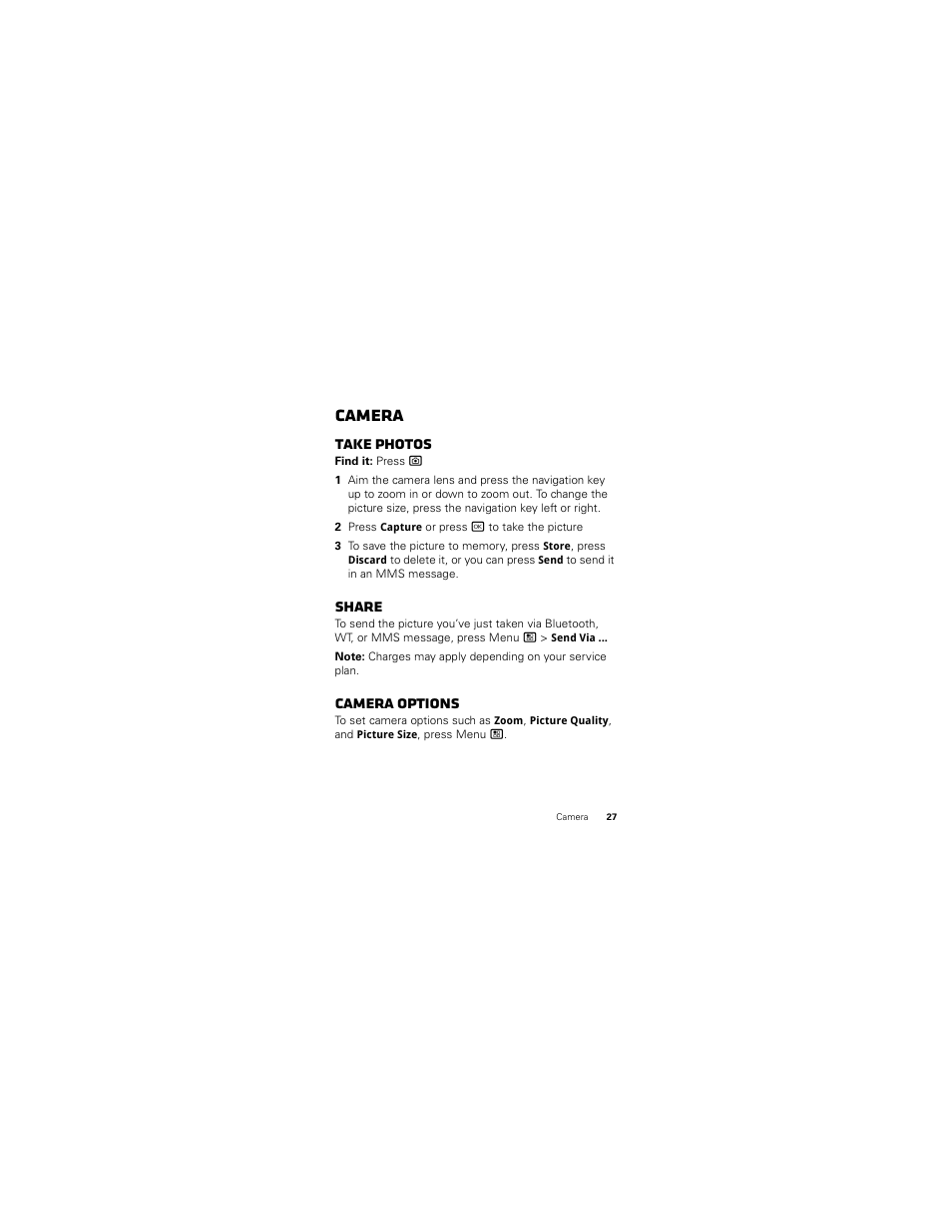 Camera, Take photos, Share | Camera options | Motorola I412 User Manual | Page 29 / 64