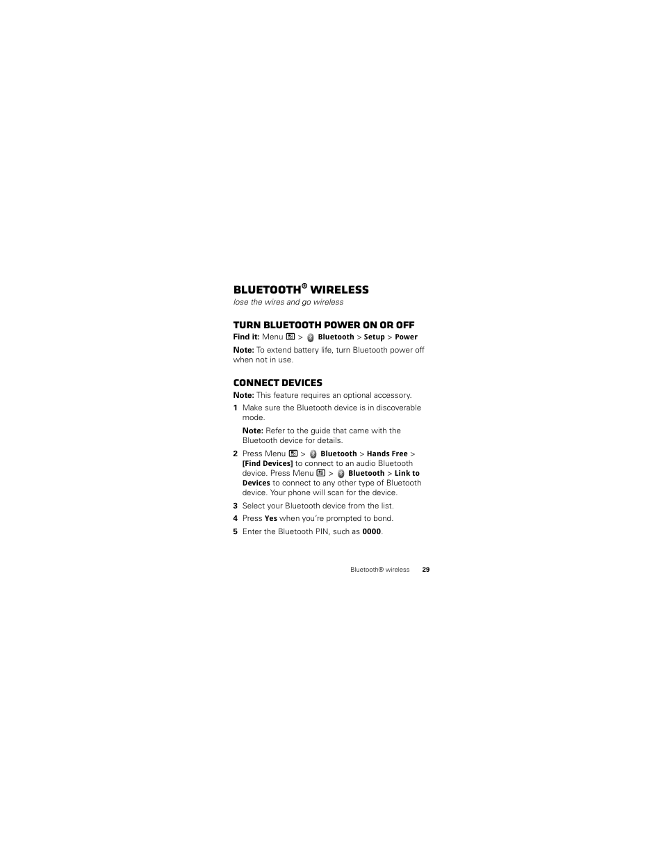 Bluetooth® wireless, Turn bluetooth power on or off, Connect devices | Motorola I412 User Manual | Page 31 / 64