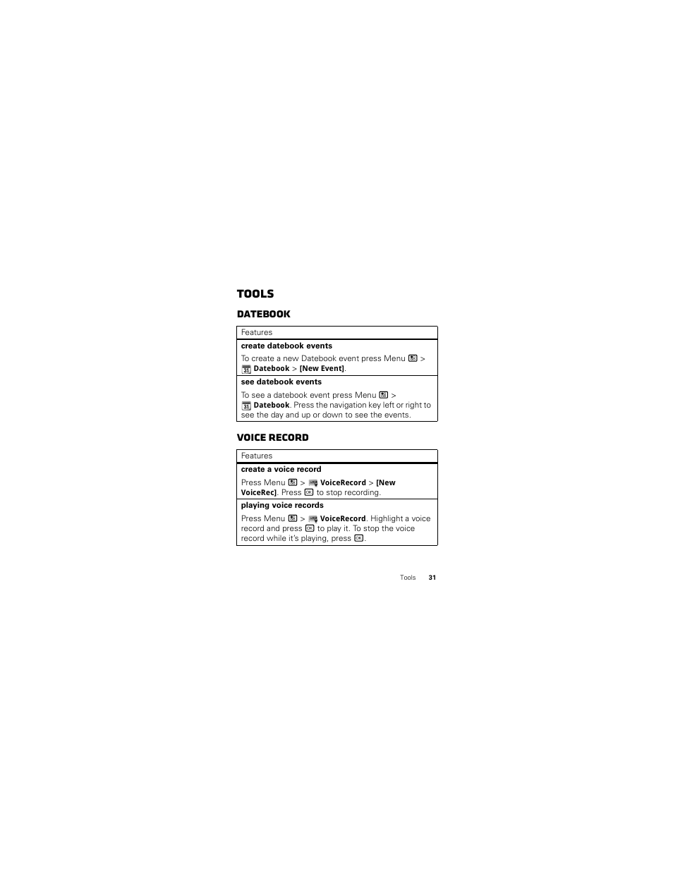 Tools, Datebook, Voice record | Datebook voice record | Motorola I412 User Manual | Page 33 / 64