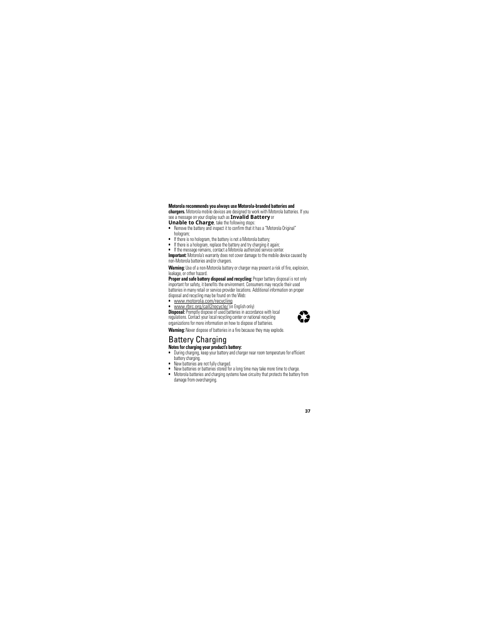 Battery charging | Motorola I412 User Manual | Page 39 / 64