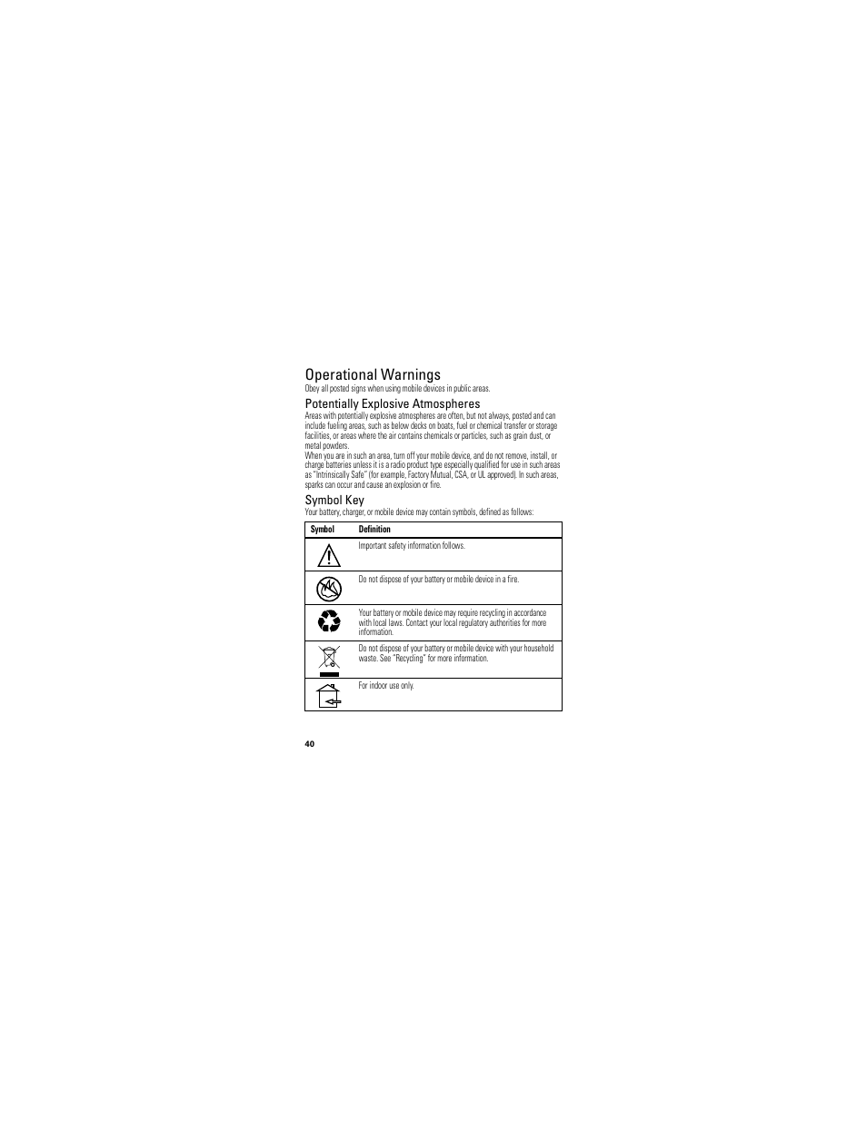 Operational warnings, Potentially explosive atmospheres, Symbol key | Motorola I412 User Manual | Page 42 / 64