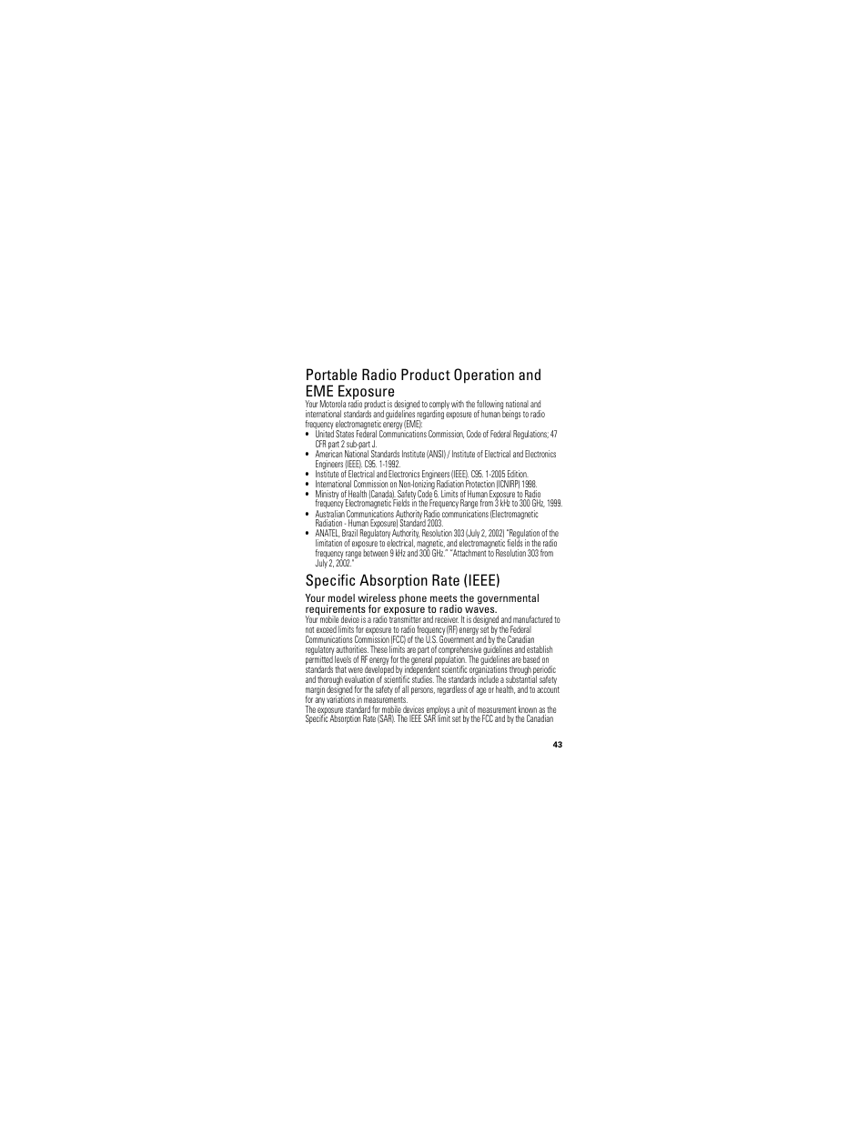 Sar (ieee), Portable radio product operation and eme exposure, Specific absorption rate (ieee) | Motorola I412 User Manual | Page 45 / 64