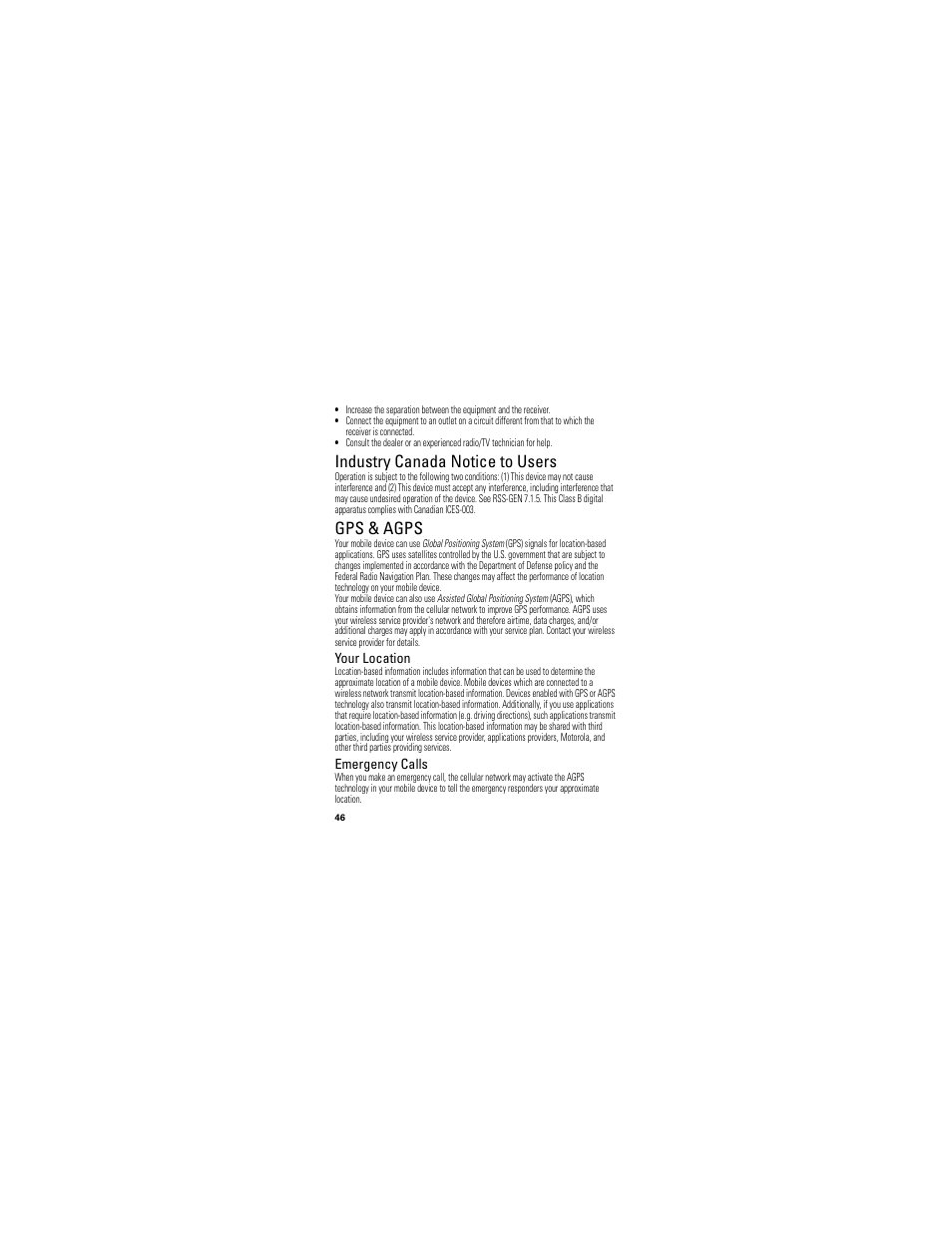 Industry canada notice, Gps & agps, Industry canada notice to users | Your location, Emergency calls | Motorola I412 User Manual | Page 48 / 64