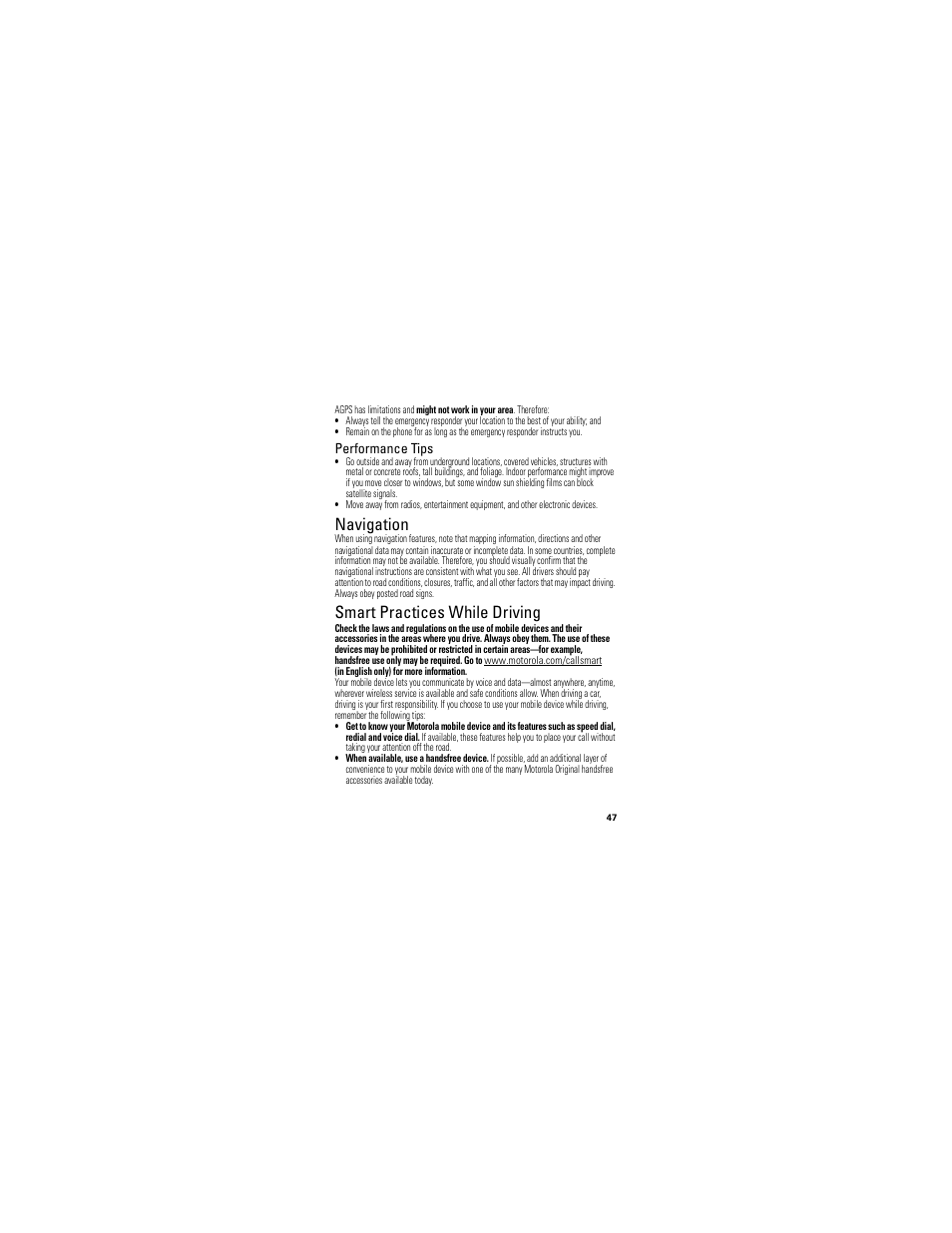Navigation, Driving safety, Smart practices while driving | Performance tips | Motorola I412 User Manual | Page 49 / 64