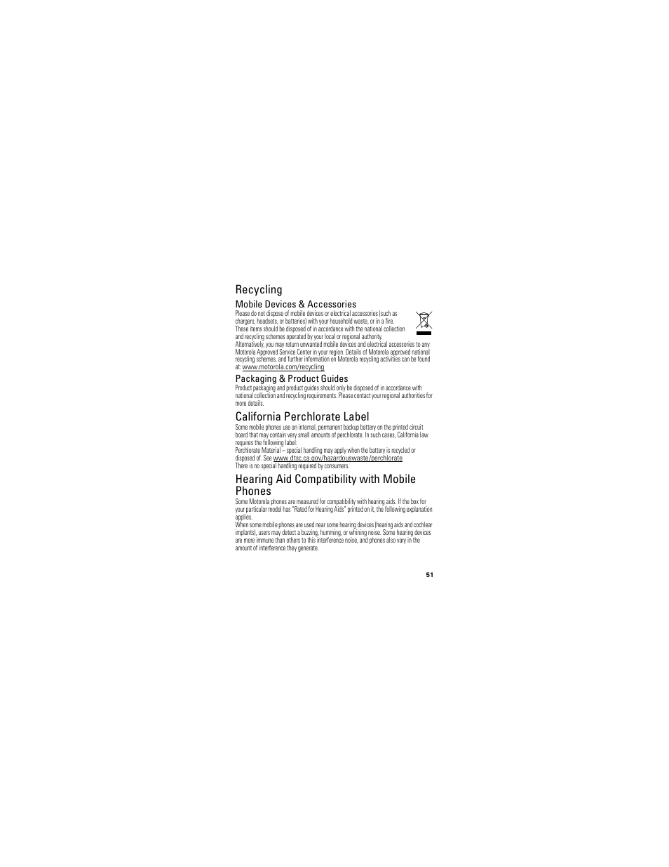 Recycling, Perchlorate label, Hearing aid compatibility | California perchlorate label, Hearing aid compatibility with mobile phones, Mobile devices & accessories, Packaging & product guides | Motorola I412 User Manual | Page 53 / 64