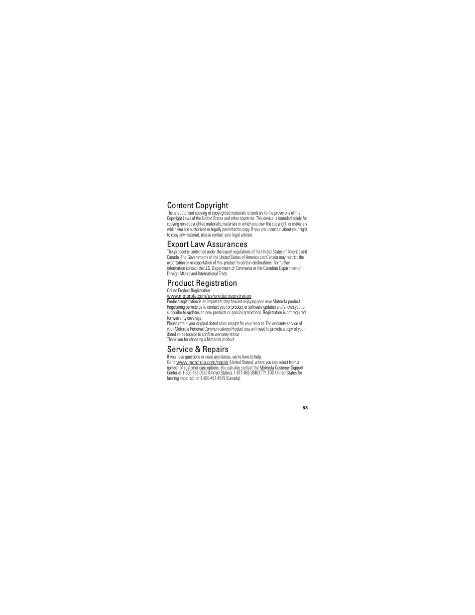 Content copyright, Export law, Registration | Export law assurances, Product registration, Service & repairs | Motorola I412 User Manual | Page 55 / 64