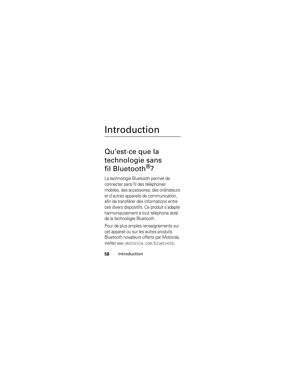 Introduction, Qu’est-ce que la technologie sans fil bluetooth | Motorola HS830 User Manual | Page 60 / 146