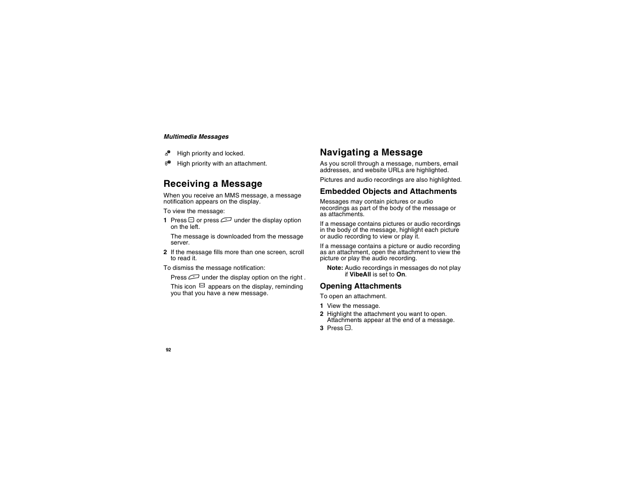 Receiving a message, Navigating a message | Motorola i275 User Manual | Page 102 / 207