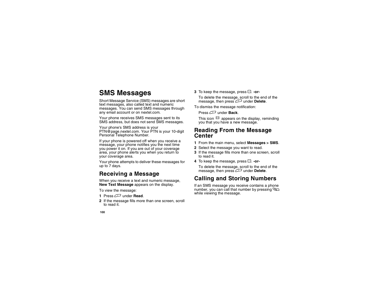 Sms messages, Receiving a message, Reading from the message center | Calling and storing numbers | Motorola i275 User Manual | Page 110 / 207