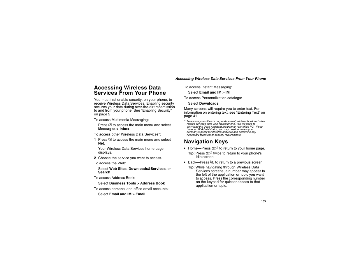 Accessing wireless data services from your phone, Navigation keys, Accessing wireless data services | From your phone | Motorola i275 User Manual | Page 113 / 207