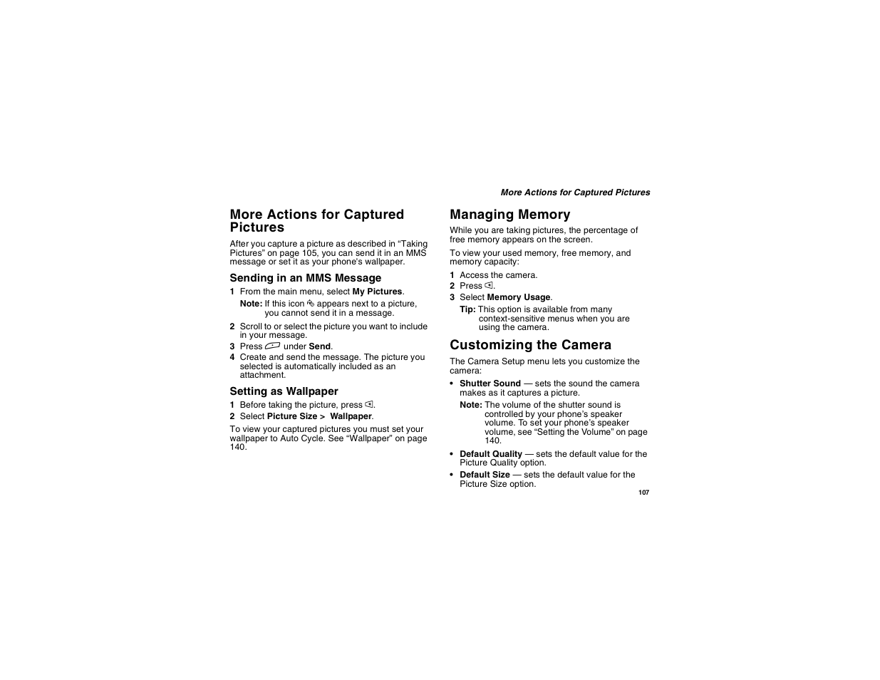 More actions for captured pictures, Managing memory, Customizing the camera | Managing memory customizing the camera | Motorola i275 User Manual | Page 117 / 207