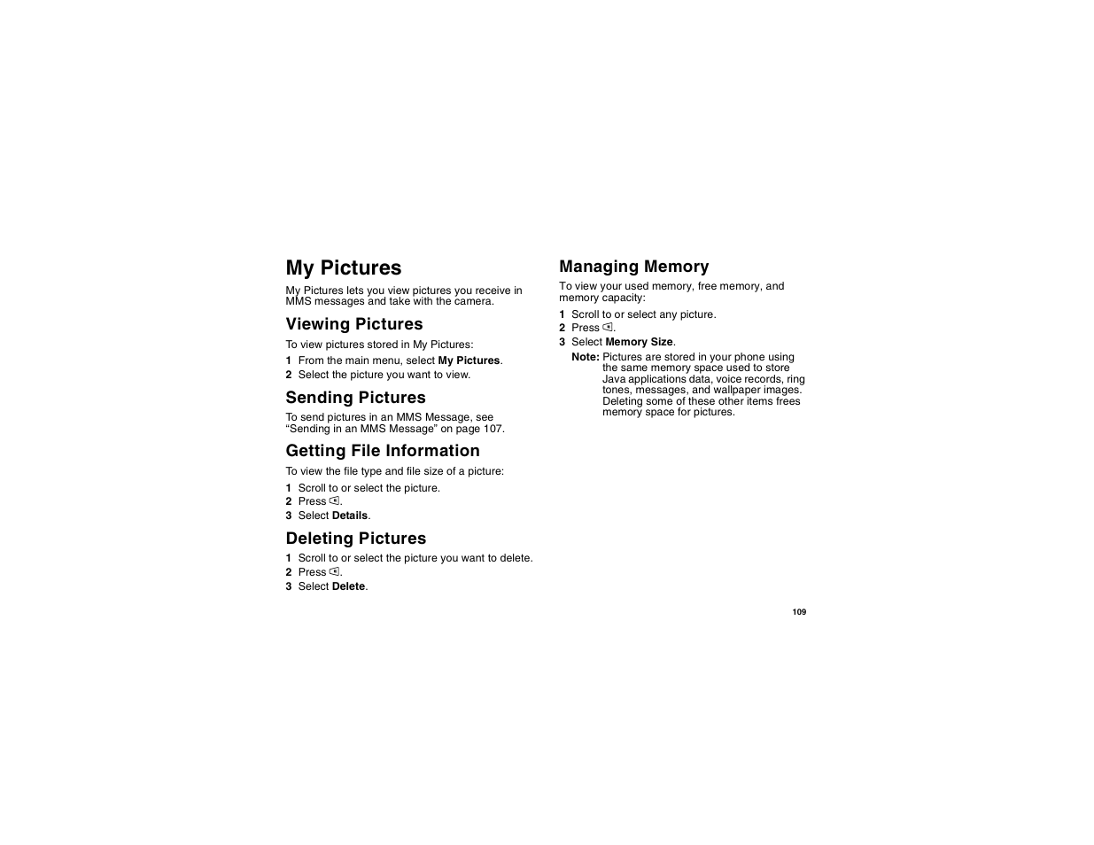 My pictures, Viewing pictures, Sending pictures | Getting file information, Deleting pictures, Managing memory, Deleting pictures managing memory | Motorola i275 User Manual | Page 119 / 207