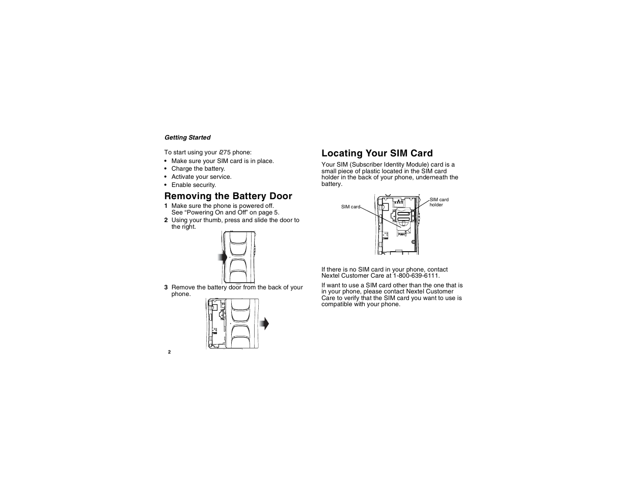 Removing the battery door, Locating your sim card, Removing the battery door locating your sim card | Motorola i275 User Manual | Page 12 / 207