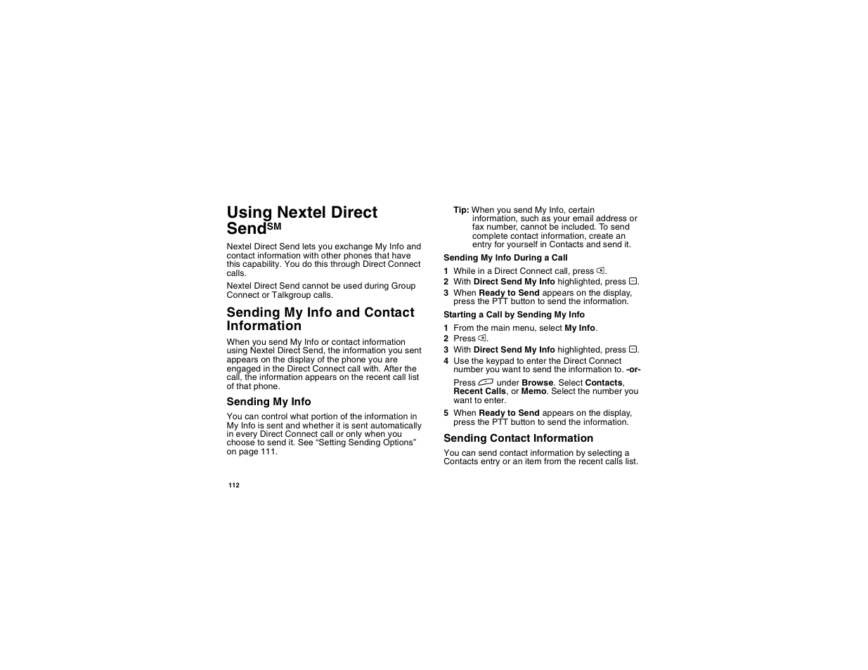 Using nextel direct sendsm, Sending my info and contact information, Using nextel direct send | Motorola i275 User Manual | Page 122 / 207