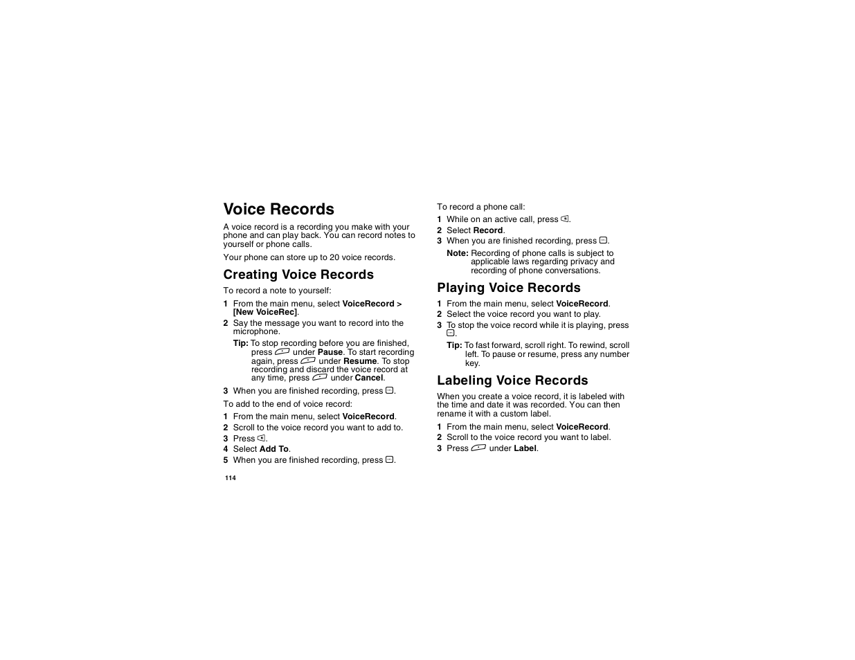 Voice records, Creating voice records, Playing voice records | Labeling voice records | Motorola i275 User Manual | Page 124 / 207