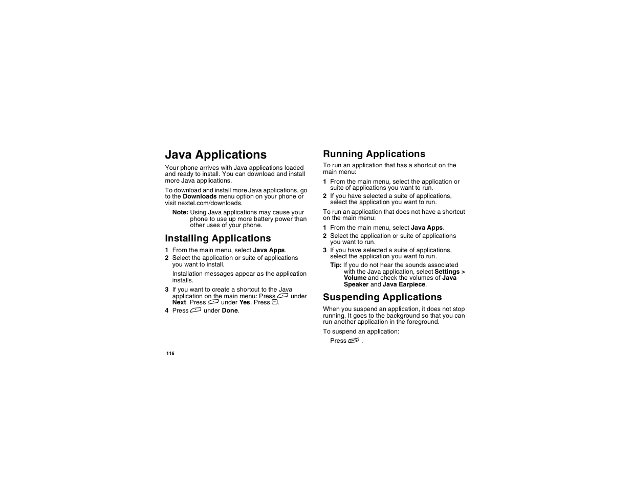 Java applications, Installing applications, Running applications | Suspending applications | Motorola i275 User Manual | Page 126 / 207