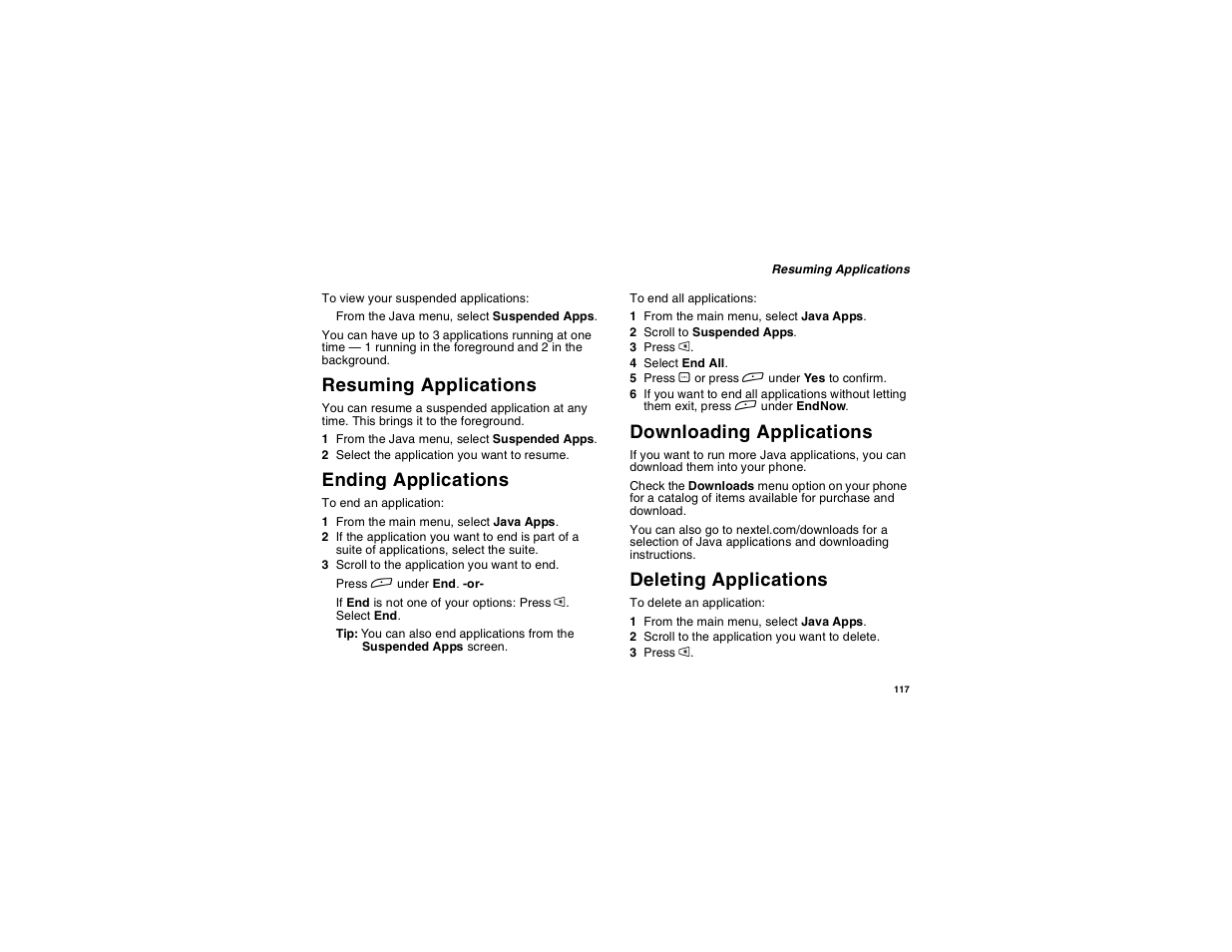 Resuming applications, Ending applications, Downloading applications | Deleting applications, Ending applications downloading applications | Motorola i275 User Manual | Page 127 / 207