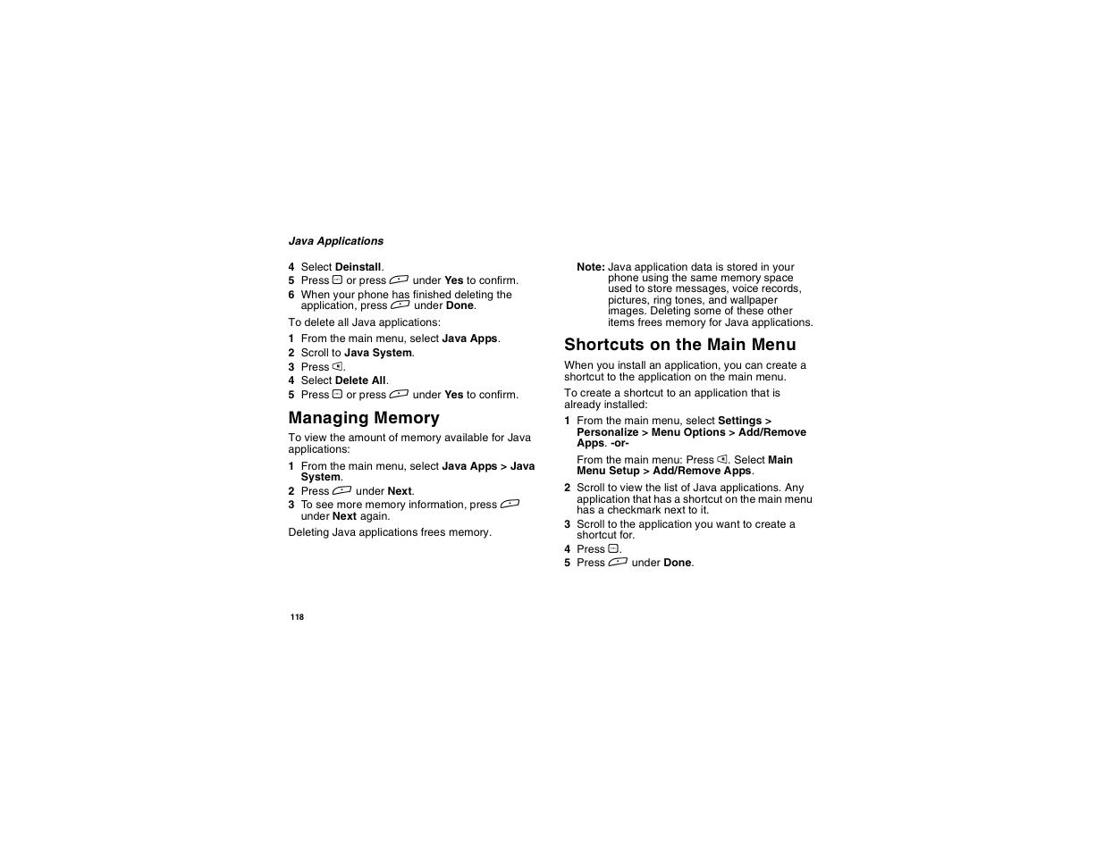 Managing memory, Shortcuts on the main menu | Motorola i275 User Manual | Page 128 / 207