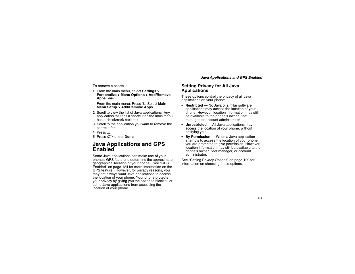 Java applications and gps enabled | Motorola i275 User Manual | Page 129 / 207