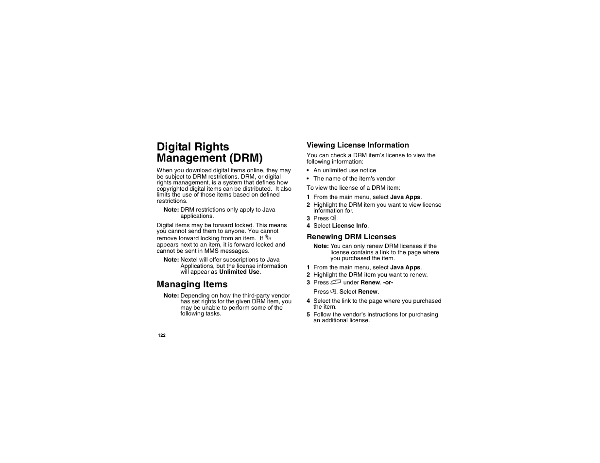 Digital rights management (drm), Managing items | Motorola i275 User Manual | Page 132 / 207