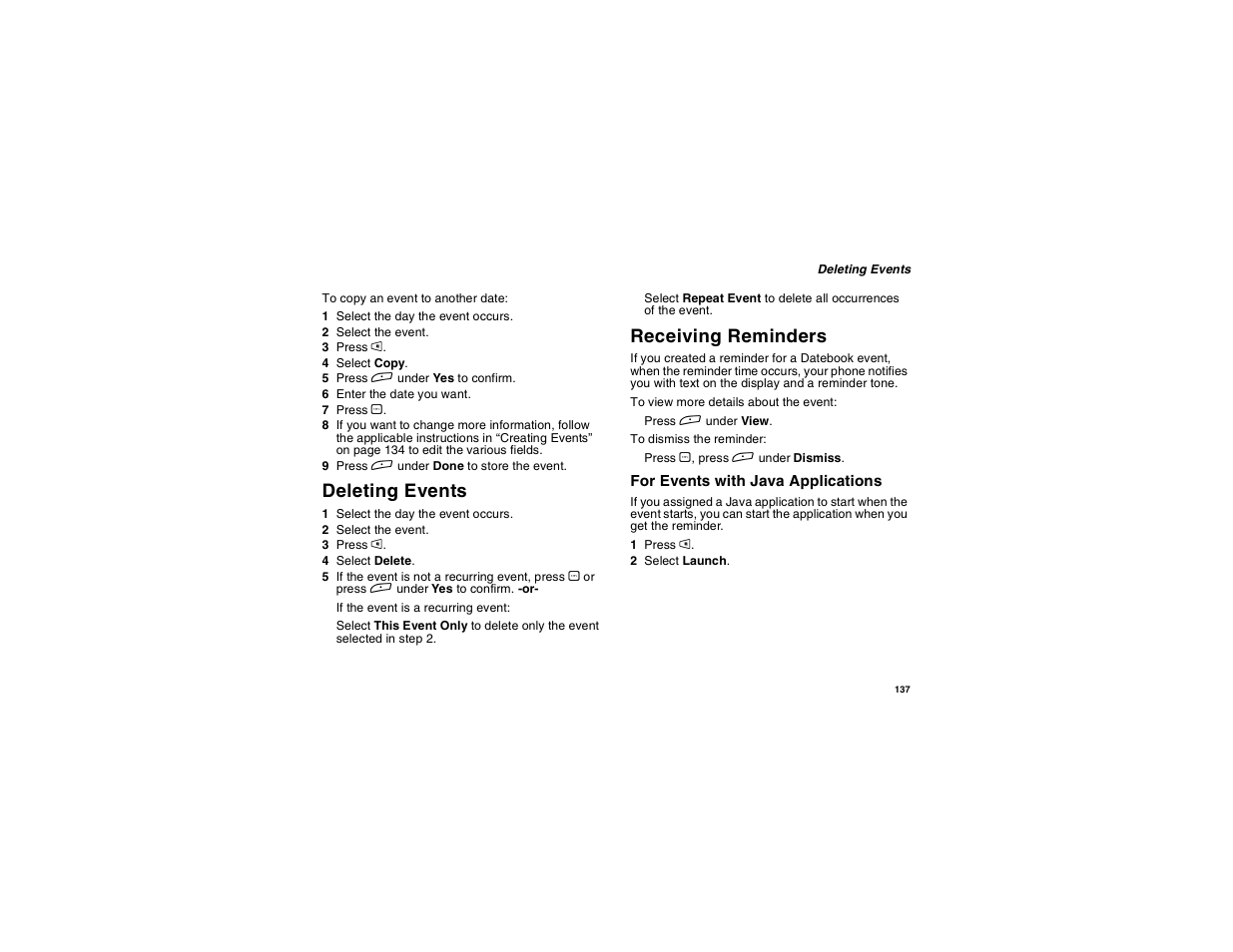 Deleting events, Receiving reminders, Deleting events receiving reminders | Motorola i275 User Manual | Page 147 / 207