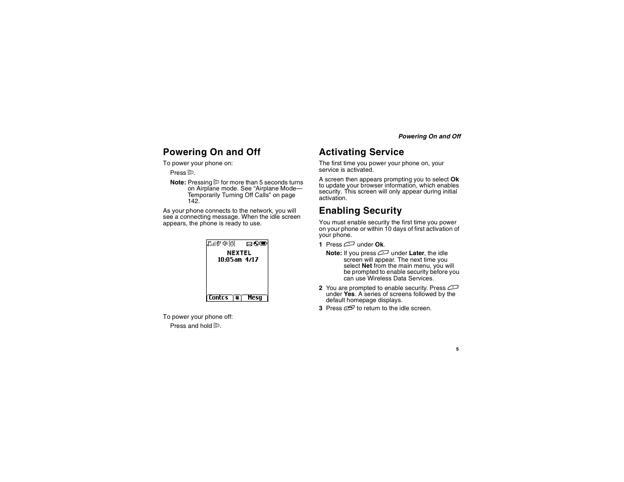 Powering on and off, Activating service, Enabling security | Motorola i275 User Manual | Page 15 / 207